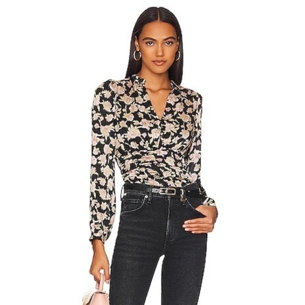 Heartloom Floral Smocked Waist V-Neck Top Black Pink Sage XS Revolve